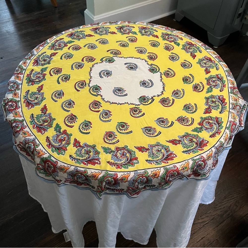 Vintage silk 33” circle scarf. Used as neck scarf or tabletop